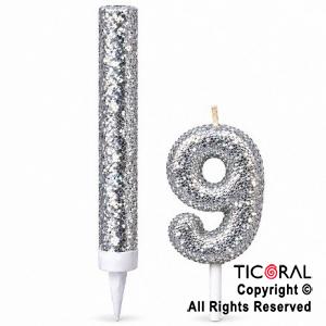 SET BENGALA Y VELA NUMERAL NUMERO 9 CON GIBRE PLATA